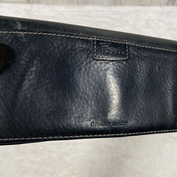 FOSSIL Black Pebbled Leather Wallet Studded Flower Long Bi-fold Boho Pockets - Picture 3 of 9